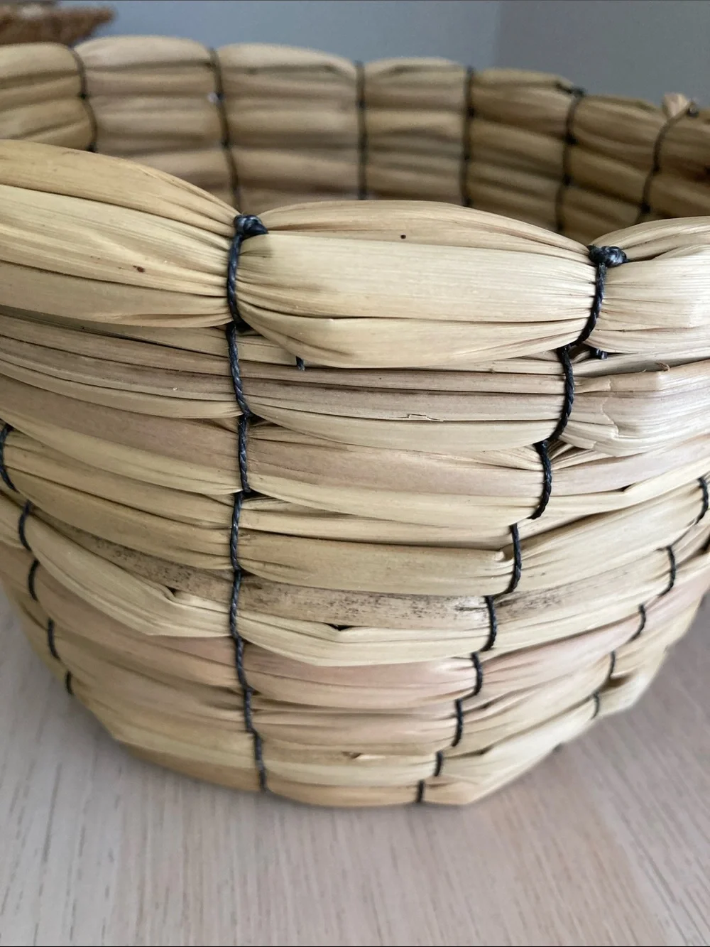 Handwoven Natural Straw Decorative Planter Bowl, Wooden Bottom, Neutral